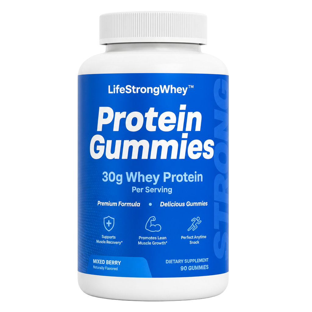 Single bottle of LifeStrongWhey Protein Gummies