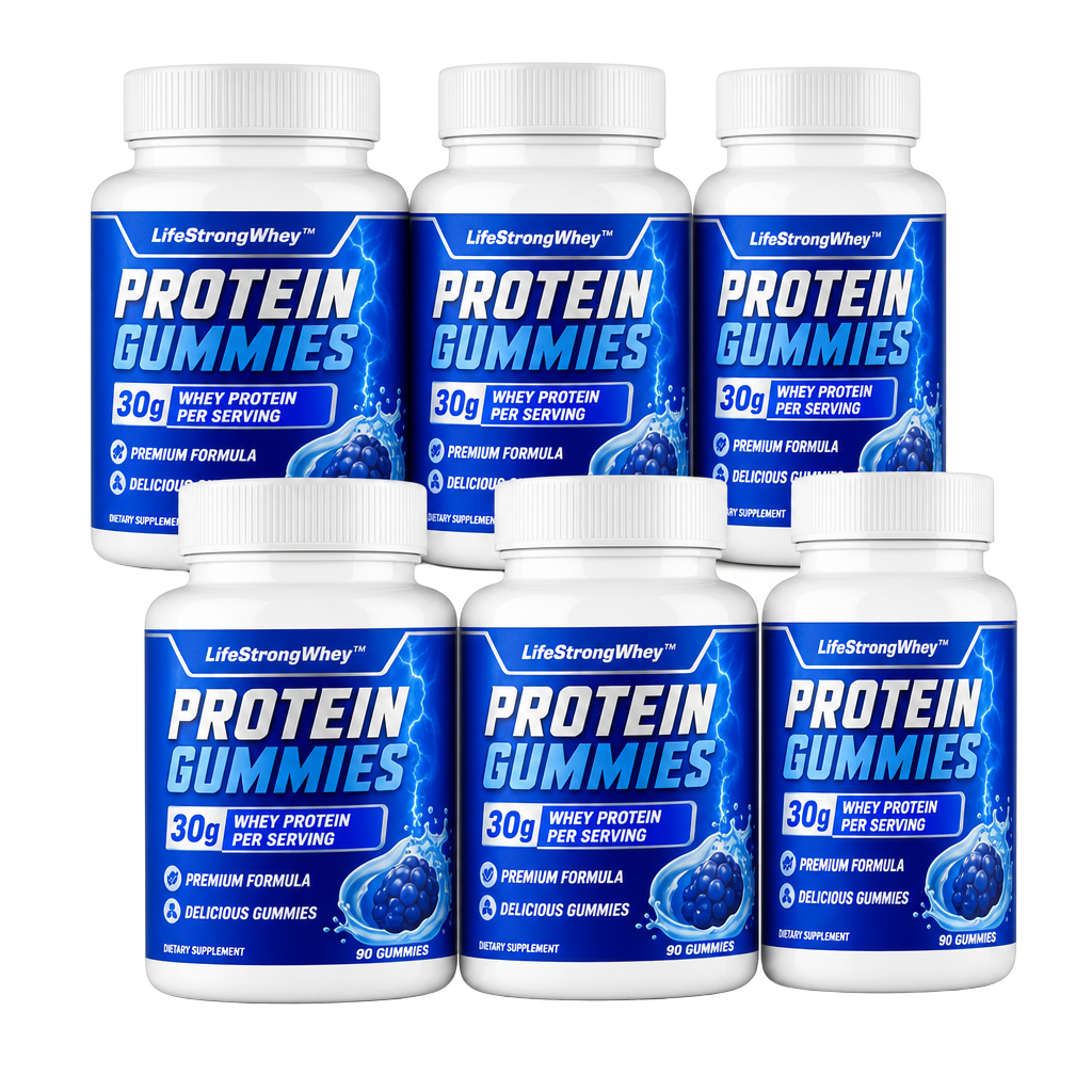 Six-bottle bundle of LifeStrongWhey Protein Gummies